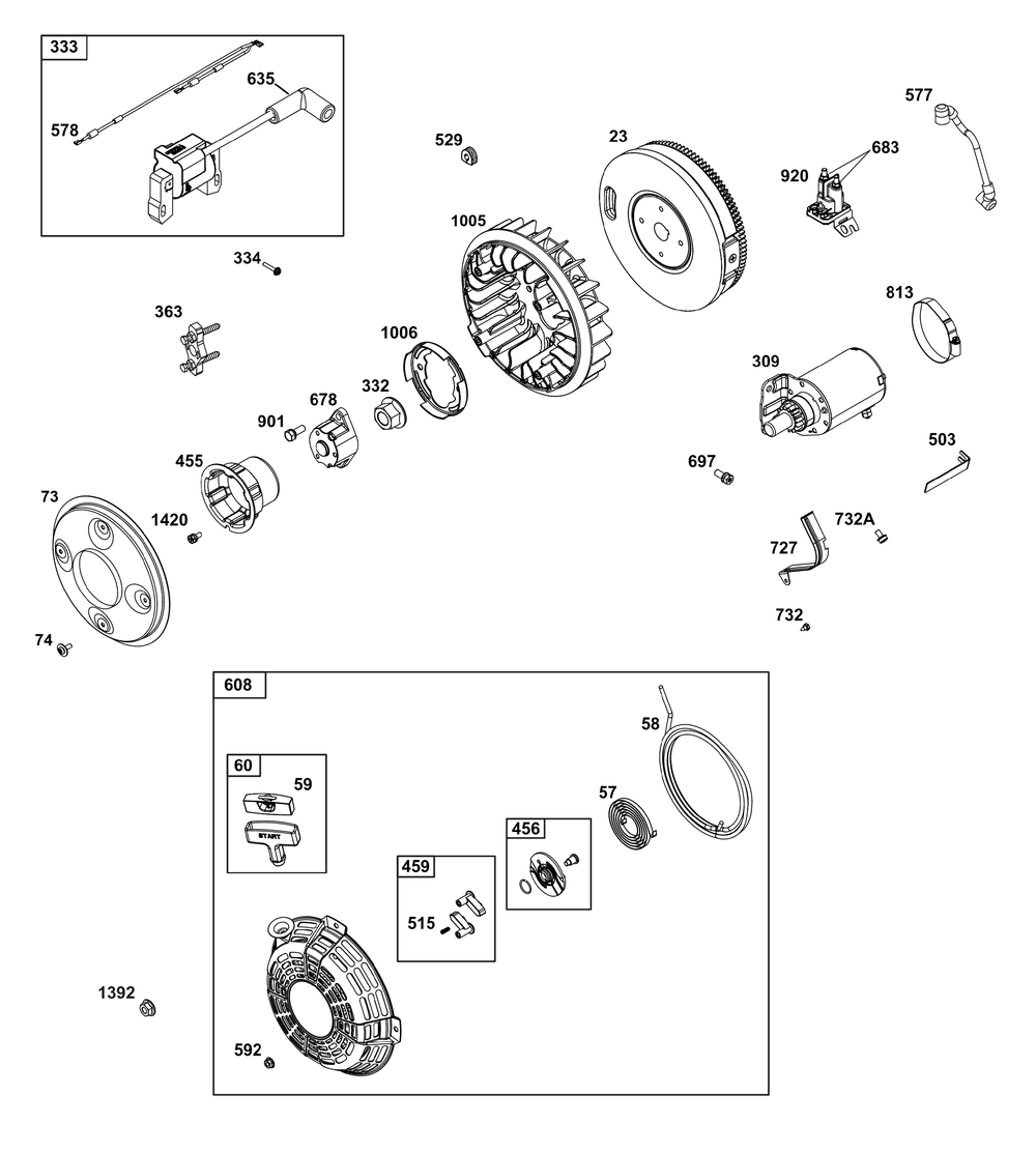 Flywheel/Ignition/Starter Group Diagram and Parts List for 386447-0500-G1 200000 - 399999 Briggs and Stratton Engine